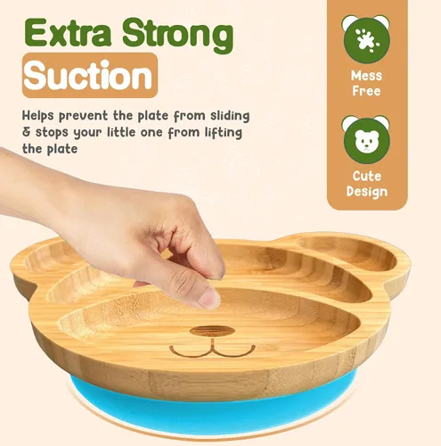 Miniatura 2 de Platos de bambú para niños - Platos para bebés y niños pequeños con succión para alimentación y destete, diseño de oso ecológico que promueve
