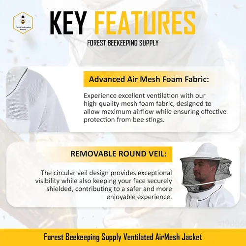 Miniatura 3 de Chaqueta de apicultura ventilada con velo redondo, cremalleras de latón YKK de alta resistencia, tela de malla de aire ligera y transpirable, cómodo