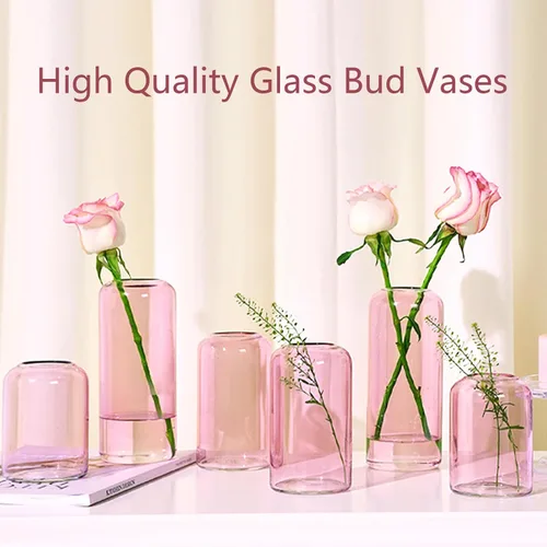 Miniatura 8 de ZENS Juego de 6 jarrones de cristal transparente rosa para flores. Moderno jarrón cilíndrico de vidrio soplado a mano para centros de mesa