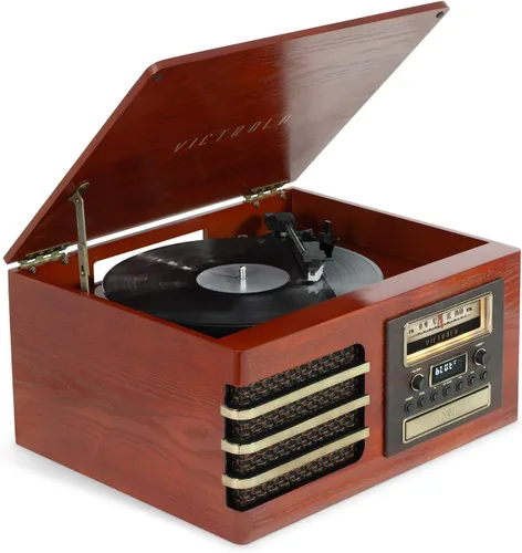 Victrola Ellington - Reproductor de discos Bluetooth de 3 velocidades (33 1/3, 45, 78 RPM) con reproductor de CD, radio FM, lápiz óptico de cerámica
