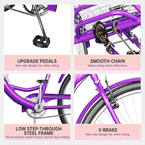 Miniatura 6 de Triciclo para adultos de 1 velocidad, bicicletas de 3 ruedas de 24 pulgadas con canasta grande, bicicleta de crucero para mujeres/hombres/personas