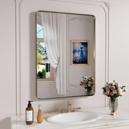 Miniatura 13 de JISOSO - Espejo de baño de 24x36 pulgadas con marco de metal cepillado color níquel, espejo con marco de metal cepillado plateado para pared, espejo
