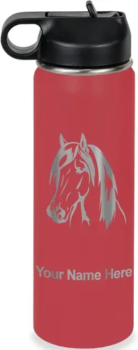 Miniatura 11 de LaserGram Botella de agua personalizada, cabeza de caballo 1, acero inoxidable de doble pared aislada al vacío con popote superior, regalo grabado