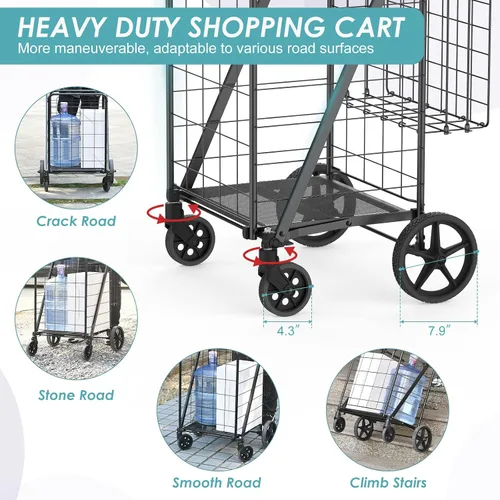 Miniatura 3 de Carrito de compras con capacidad de 150 kg para comestibles, carrito de comestibles jumbo mejorado con forro impermeable, ruedas giratorias de 360°