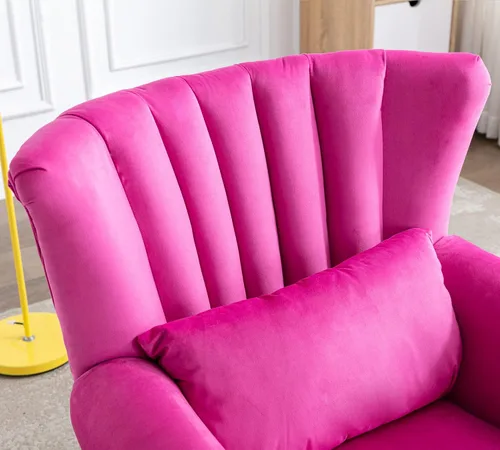 Miniatura 6 de Silla decorativa moderna de mediados de siglo, sillón tapizado, cómodo sofá individual de tela de terciopelo con respaldo forrado para espacios Rosa