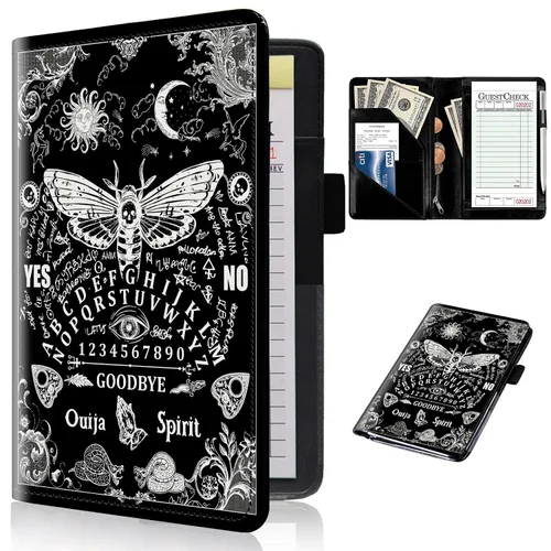 Miniatura 26 de Libros de servidor para camareras con bolsillo con cremallera – Libro de camarera gótico pastel con calavera de bruja, organizador de dinero