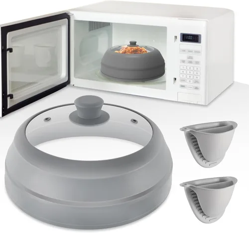 Cubierta de salpicaduras de microondas para alimentos, cubierta de microondas de vidrio de 10.5 pulgadas con borde de silicona plegable, cubierta de