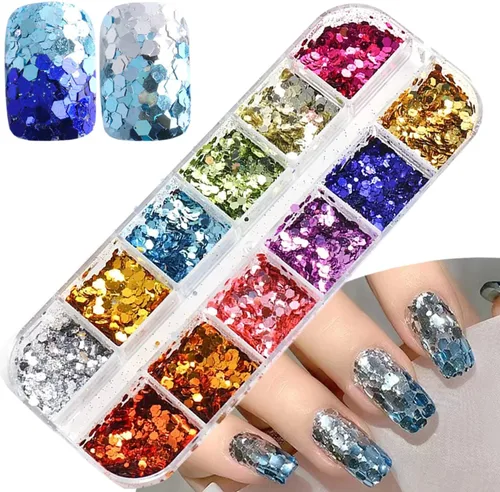 Miniatura 14 de Lentejas de purpurina camaleón para uñas, lentejuelas de arte de uñas holográficas 3D con gradiente láser, polvo de purpurina brillante en gel UV