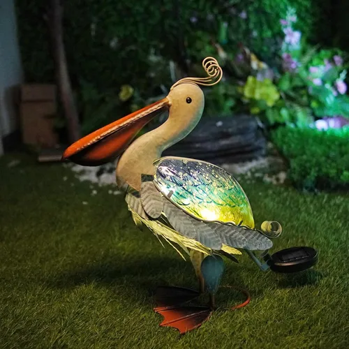 Miniatura 14 de HONGLAND Estatua de grúa de metal solar para jardín, escultura de garza de cristal al aire libre, decoración de pájaro costero del océano