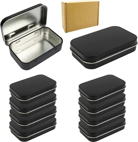 Millennial Essentials Paquete de 10 recipientes rectangulares de metal con bisagras vacías de 3.75 x 2.45 x 0.8 pulgadas, mini caja portátil negra,