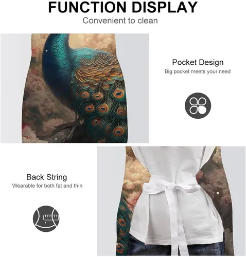 Miniatura 6 de MUSM Apron for Adults - 27.6 X 31.5 Inch, Heavy-Duty Polyester Aprons with Two Large Pockets, Waterproof Oriental Peacock Pattern Kitchen Apron for