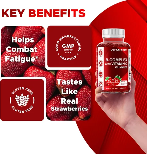 Miniatura 5 de Gomitas con complejo de vitamina B de Vitamatic con vitamina C e inositol - Sabor natural a fresa - 60 gomitas (3 botellas)