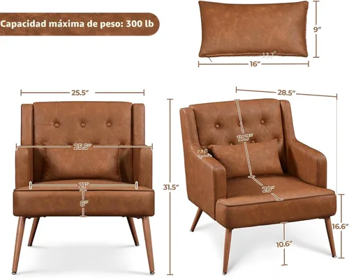 Miniatura 3 de Yaheetech Silla decorativa, silla de sala de estilo Mid Century con cojín lumbar de piel sintética PU, cómoda silla tapizada para leer con patas