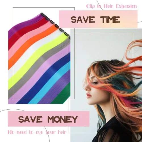 Miniatura 7 de Extensiones de cabello de colores, extensión de cabello liso con clip de 22 pulgadas, extensiones de cabello con brillantina multicolor arcoíris