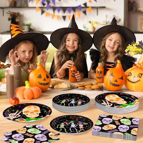 Miniatura 5 de DYLIVeS Suministros de fiesta de Halloween de esqueleto, platos de papel de calavera, platos de postre y servilletas de almuerzo para decoración