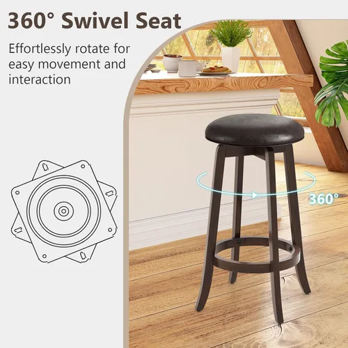 Miniatura 4 de COSTWAY Juego de 2 taburetes de bar giratorios de 29 pulgadas, taburetes de bar tapizados con asiento de piel sintética y patas de madera de goma