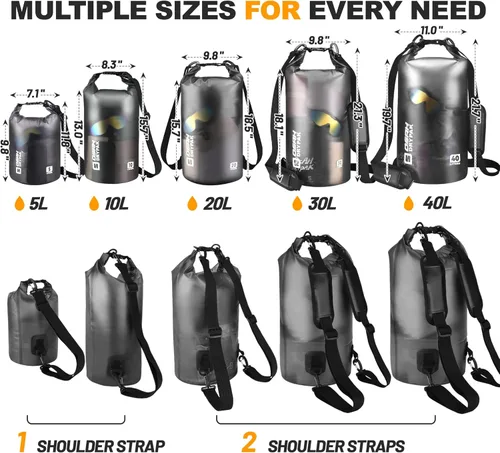 Miniatura 2 de Bolsa seca impermeable, 5L/10L/20L/30L/40L Mochila de almacenamiento ligera con funda para teléfono para mujeres y hombres, saco impermeable Negro