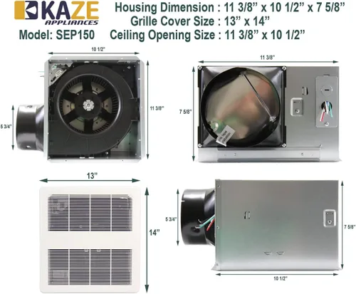 Miniatura 4 de KAZE APPLIANCE SEP150 150 CFM 0.5 Sone Ultrasilencioso Certificado Energy Star Ventilador de ventilación y escape de baño de ahorro