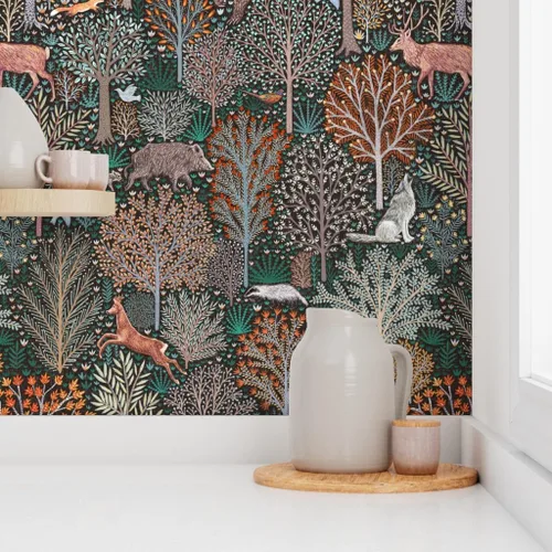 Miniatura 8 de Spoonflower Papel tapiz para despegar y pegar, diseño de animales del bosque del bosque, hojas de otoño, ciervos, árboles rústicos, papel tapiz