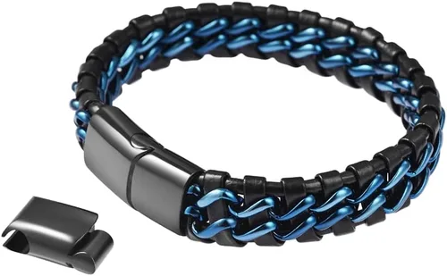 Miniatura 3 de Pulsera trenzada de cadena de acero con eslabones de cuero genuino para hombre
