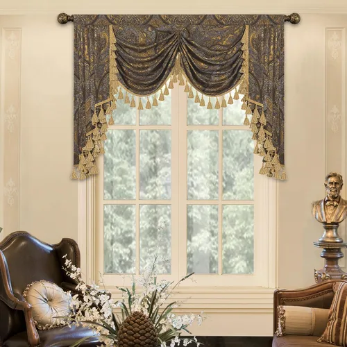 Miniatura 45 de Loom and Mill Cenefa de cascada de lujo de jacquard para sala de estar, elegantes cenefas de ventana con festones y cuentas damascadas, cortinas