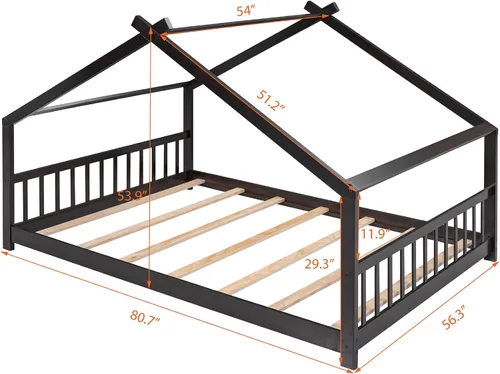 Miniatura 2 de P PURLOVE Cama de casa de tamaño matrimonial para niños, adolescentes, cama de piso para niños pequeños con techo y listones, cama de plataforma
