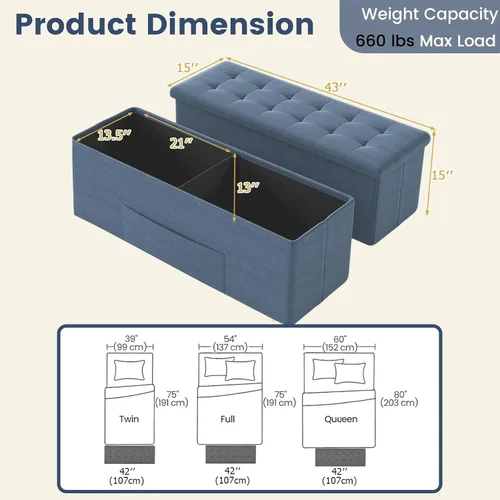 Miniatura 3 de Giantex Banco otomano de almacenamiento, 43 pulgadas de largo, plegable, con bolsillo lateral, divisor, banco acolchado para zapatos para sala