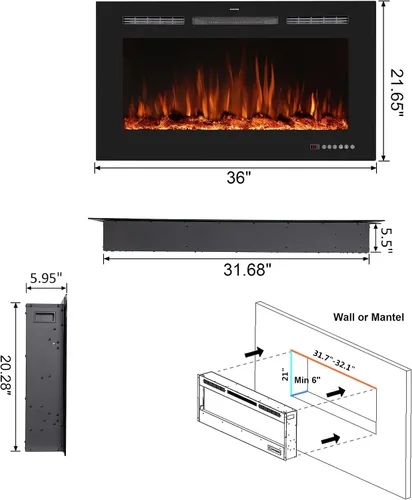 Miniatura 2 de Insertos de chimenea eléctrica inteligente de 36 pulgadas, calentador eléctrico empotrado y montaje en pared y chimenea lineal con aplicación