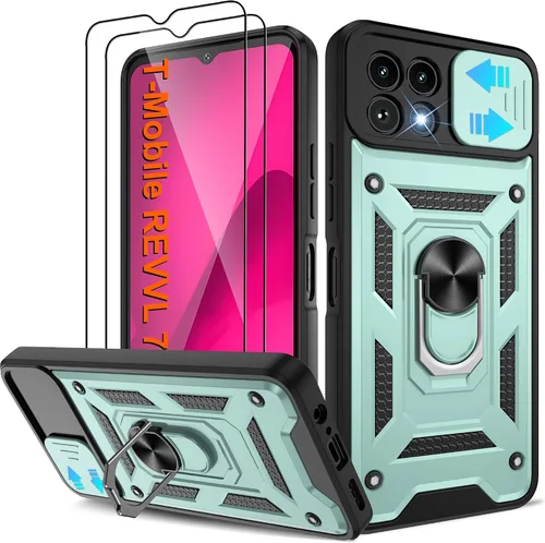 Miniatura 75 de ATUMP Funda para T-Mobile Revvl V Plus 5G con protector de pantalla HD con cubierta de cámara deslizante, soporte de anillo de rotación de 360° Negro