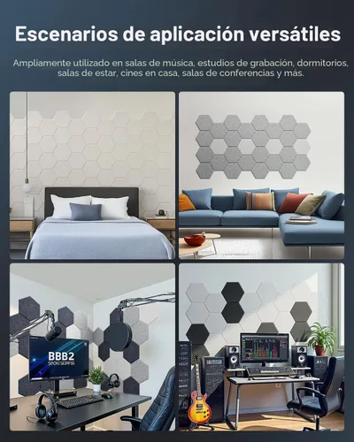 Miniatura 7 de Paquete de 18 paneles acústicos hexagonales, paneles de pared autoadhesivos insonorizados, paneles de pared acústicos de alta densidad, paneles a