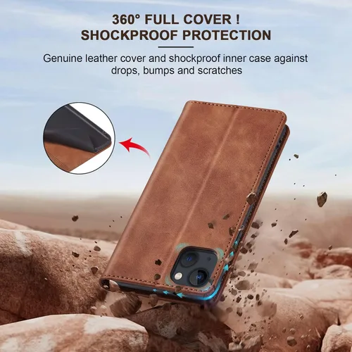 Miniatura 4 de Jasonyu Funda tipo cartera con tapa para iPhone 13, funda magnética de cuero con tarjetero y función atril, funda protectora duradera de TPU a Marrón