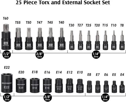 Miniatura 2 de MIXPOWER Juego de 25 puntas y dados Torx, 13 puntas de estrella (T8- T60) y 12 enchufes E-Torx (E4-E22), juego de mecánico de automóviles