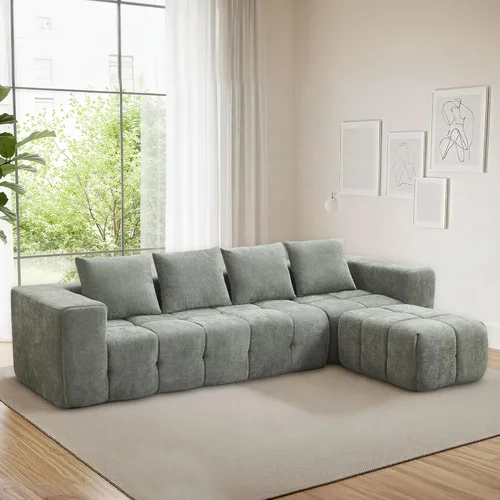 Sofá modular sin hueso de 119 pulgadas para sala de estar, moderno sofá modular copetudo con asiento profundo y otomana móvil, sofá de felpilla de
