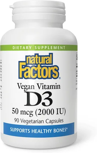 Natural Factors Vitamina D3 vegana 2000 UI - Apoya la salud ósea e inmunológica - Colecalciferol a base de plantas - Cápsulas vegetarianas - 90