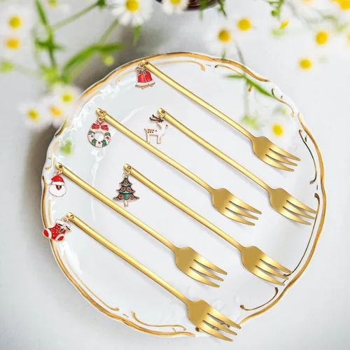 Miniatura 8 de Juego de cubiertos dorados de Navidad para postre, cubiertos de acero inoxidable, 6 piezas, utensilios de aperitivo con mango de abalorios