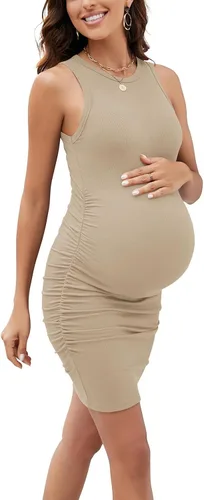 Miniatura 3 de Moyabo Vestido sin mangas de maternidad, vestido ajustado de verano fruncido lateral para uso diario o baby shower