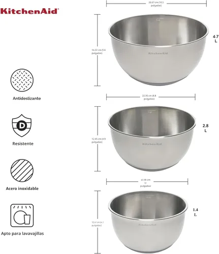 Miniatura 2 de Juego de tazones de mezcla de acero inoxidable KitchenAid, Juego de 3