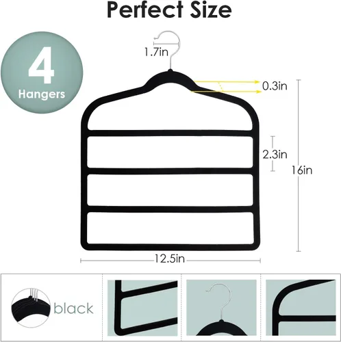 Miniatura 6 de DUDUCOFU - Perchas de terciopelo antideslizantes que ahorran espacio para pantalones, paquete de 4 perchas negras de múltiples capas para ropa, Negro