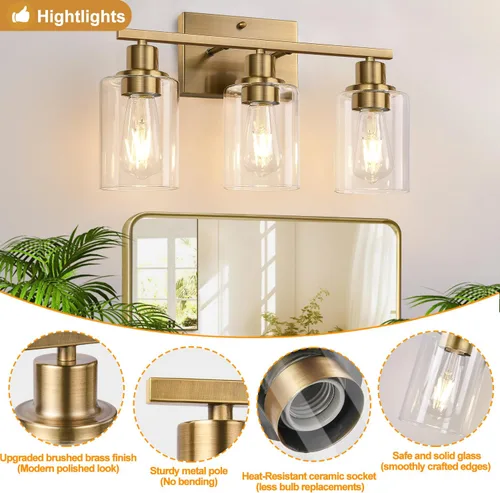 Miniatura 3 de Indoi Lámparas de baño de 3 luces, luces de tocador de latón para baño con pantallas de vidrio transparente, modernos apliques de pared de baño