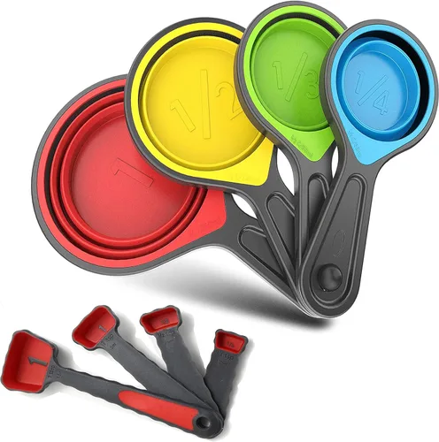 Tazas medidoras suaves de silicona plegables y cucharas medidoras, 8 piezas de taza de medición de silicona portátil de grado alimenticio para Rojo