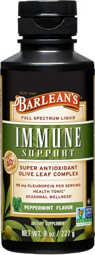 Barlean's Suplemento líquido de apoyo inmunológico con complejo de hoja de olivo de menta, 95 mg de antioxidantes de oleuropeína, 8 onzas