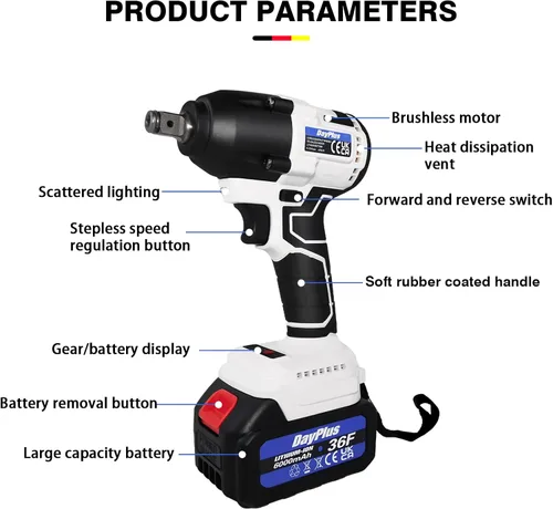 Miniatura 7 de Llave dinamométrica de impacto sin escobillas inalámbrica, 21 V, llave de impacto inalámbrica de 1/2 pulgada, pistola de impacto sin escobillas