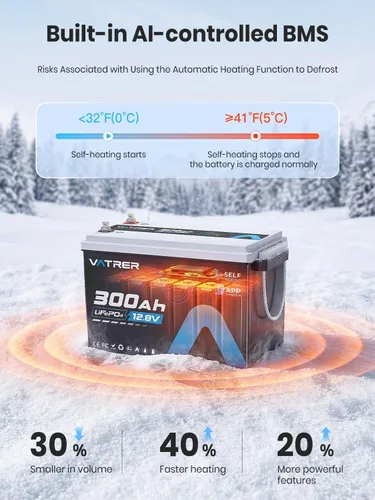 Miniatura 3 de VATRER POWER Batería de litio de 12 V 300 AH con autocalentamiento y monitoreo de aplicaciones, batería LiFePO4 de ciclo profundo, corte de baja