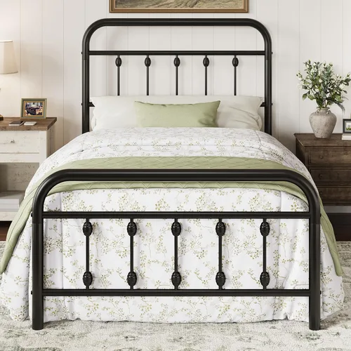 Allewie Marco de Cama de Plataforma Metálica Tamaño Individual de 14 Pulgadas con Cabecero/Pie de Cama de Arte de Hierro Estilo Victoriano, Base de