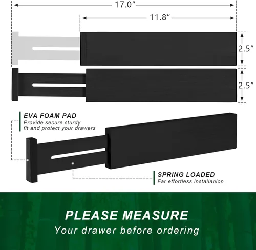 Miniatura 6 de Paquete de 4 separadores de cajones de cocina de bambú de 2.6 pulgadas de alto, ajustables de 12 a 17 pulgadas, separadores de cajones expandibles