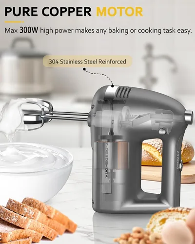 Miniatura 3 de Batidora de mano eléctrica, batidora de mano eléctrica portátil con batidor 304, gancho para masa, batidora de mano con turbo para hornear pasteles