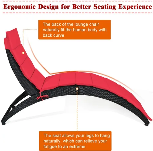 Miniatura 7 de COSTWAY Sillón plegable de ratán para exteriores, tumbona de mimbre para patio con cojín suave, soporte ergonómico con forma para tomar el sol, Rojo