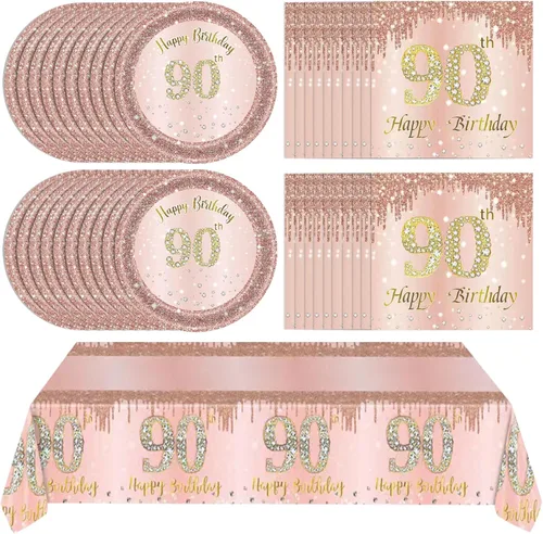 Miniatura 29 de Ryzovo - Decoraciones de cumpleaños 50 para mujer, platos de papel desechables negro y oro rosa, suministros de fiesta para 20 invitados, 41 piezas