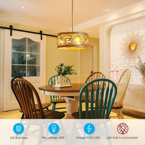 Miniatura 7 de XINGQI Lámpara de techo moderna de altura ajustable, lámpara colgante de níquel cepillado, grano de madera de metal de 13 pulgadas, luces redondas