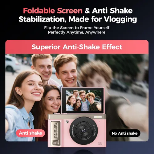 Miniatura 3 de Cámara digital 4K rosa para niñas y adolescentes: cámara de vlogging de 64 MP con pantalla abatible, zoom de 16X, bonita cámara compacta
